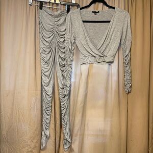 Gray Ruched Two-Piece Set Cropped Top High Waist All Over Ruched Detail